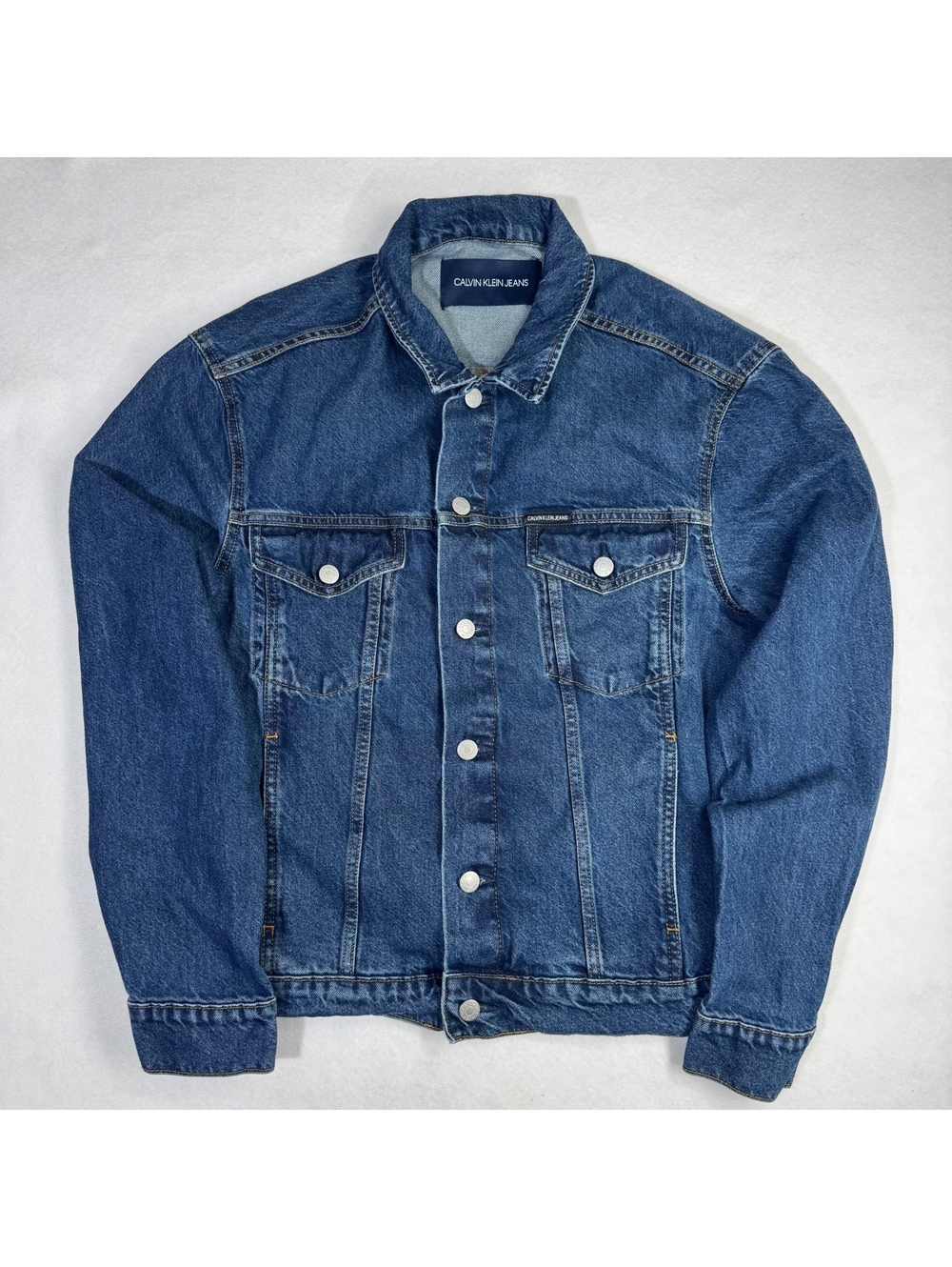 Calvin Klein Jeans Denim Trucker Jacket Button Front Men's L Dark Wash Blue